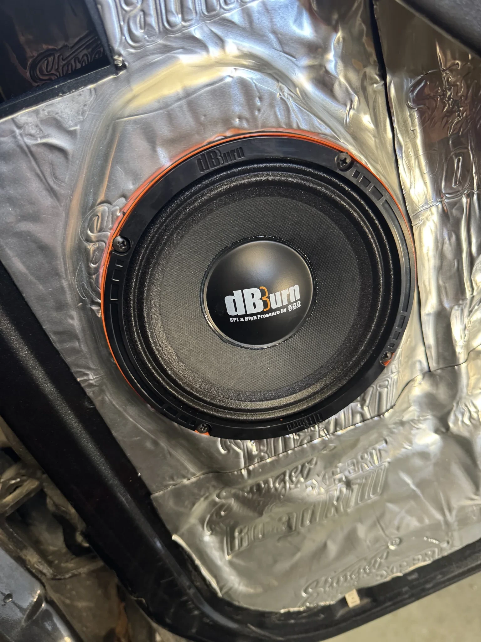 ESB Audio DBBurn DB2-6.5 mid-woofer mounted in the treated front door of a Silverado